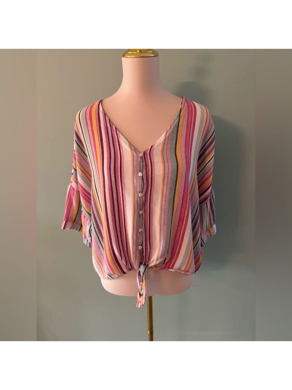 Main Strip Flutter Sleeve Blouse in Pink and Orange
